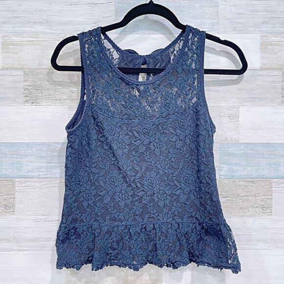 ABERCROMBIE & FITCH Lace Peplum Sleeveless Blouse Navy Blue Cotton Womens Small - Picture 1 of 5